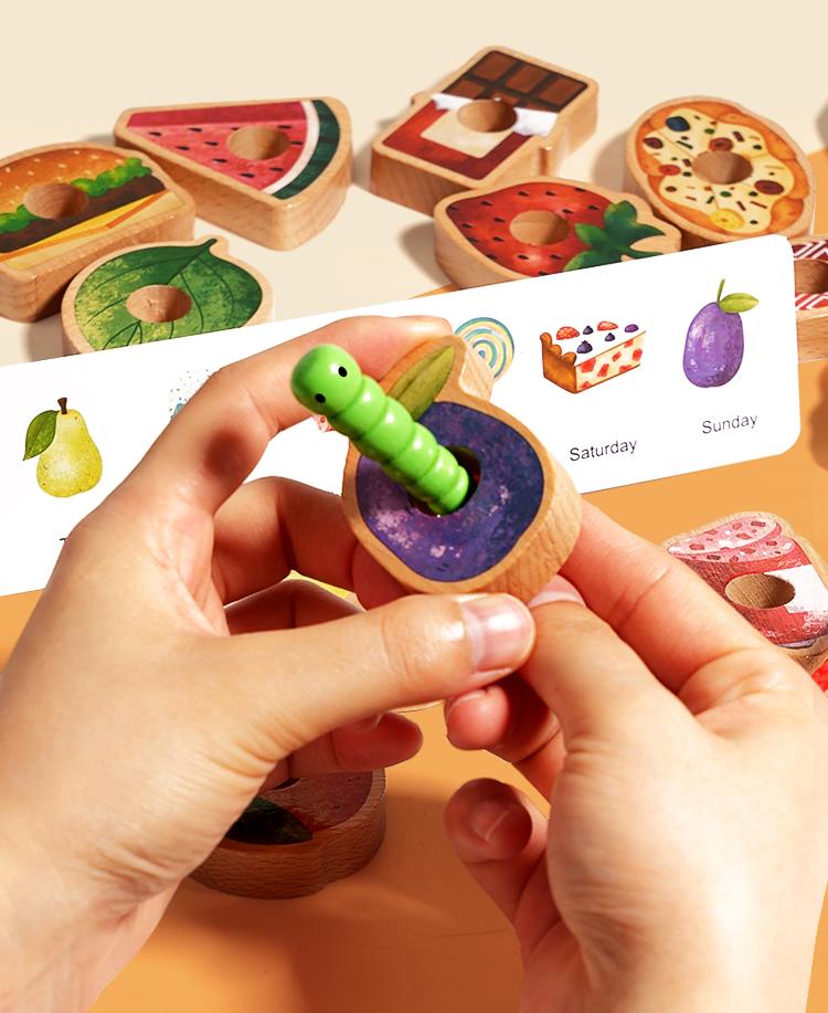 The Greedy Caterpillar Food Bead Game Set With Storage Bag Is A Durable Wooden Educational Toy Suitable For Toddlers As A Gift