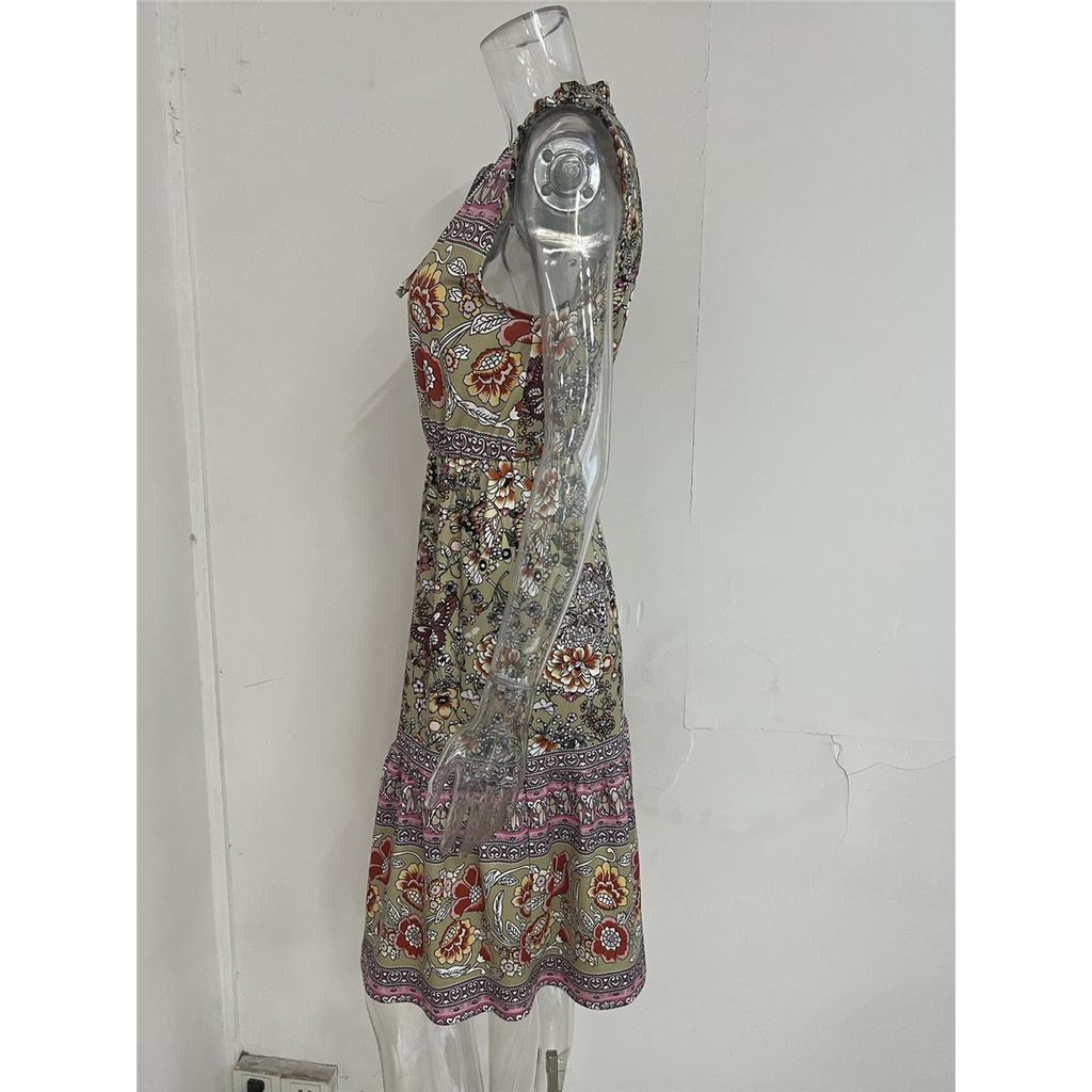 Women's Ethnic Style Printed Dress Elegant Sleeveless V-neck Knee-length Dress