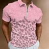 Women Short Sleeve Polo Shirt Pink Gradient Gray Leopard Spot Half Zip Lapel Top
