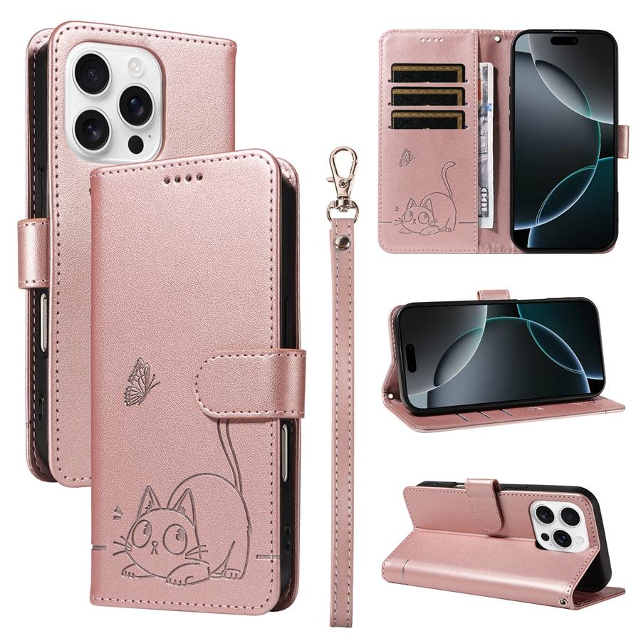 Embossed Butterfly and Cat Flip Case with 3 Card Slots and Stand for iPhone/Samsung/Xiaomi Redmi PU Leather Phone Wallet Case with Hand Strap