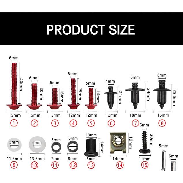 Kit de 201 vis et boulons en aluminium pour carénage d'accessoires de moto Compatible avec YZF 600 1000 R1 R6 R3 R15 R25 T-MAX 530 TMAX 500