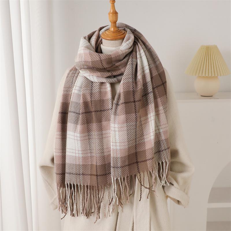 Korean Retro Plaid Autumn and Winter Warm and Cold Scarf Shawl Commuting Versatile Couple Tassel Imitation Cashmere Scarf
