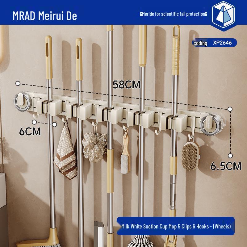 Movable Suction Cup Mop Clip Wall-Mount Storage Rack