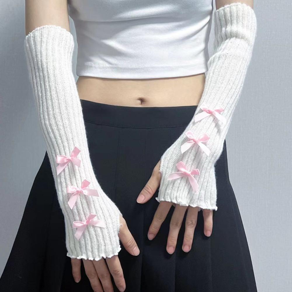 New Thicken Arm Sleeves Bowknot Solid Color Knitted Gloves Y2K Soft Arm Warmers Female