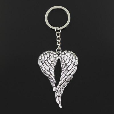 Fashion 30mm Key Ring Metal Key Chain Keychain Jewelry Antique Bronze Silver Color Plated Angel Wings 67x42mm Pendant