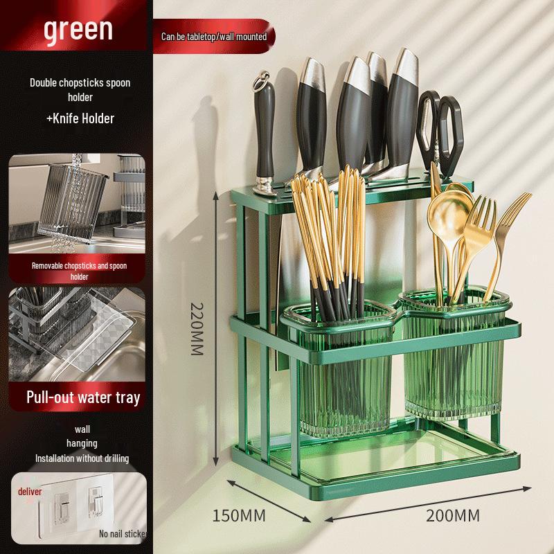 Wall-Mounted Multifunctional Cutlery Rack: Integrated Chopstick Holder & Knife Organizer with Drainer
