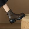 2025 Winter New Leather Thick Bottom Round Head British Style Women's Coarse Heel Sponge Bottom Khaki Retro Short Boots