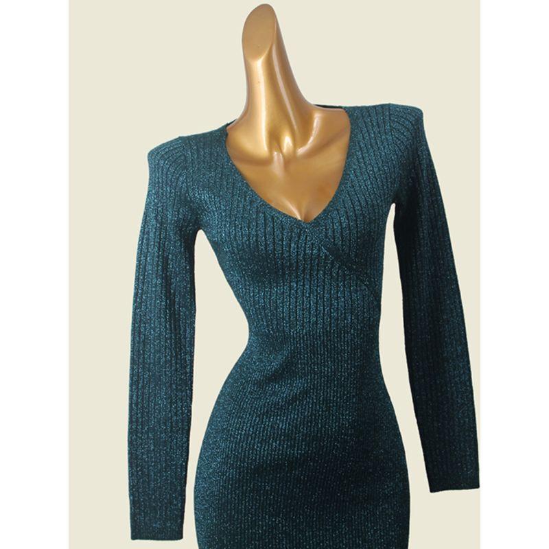 Export V Neck Long Sleeves Knitting Dress Women's Autumn 2024 Silver Silk Silm Waist-Tight Package Hip Sweater Dress