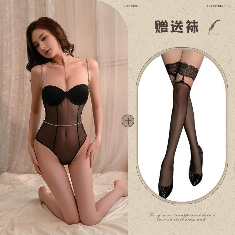 Fishbone waist chain suspender onesie sexy mesh splicing waist tight