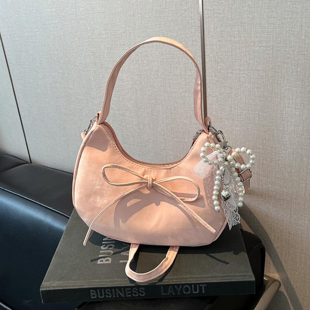 Lace Pearl Pendant Bow Shoulder Bag Large Capacity French Style Handbag PU Hobo Bag  Streetwear