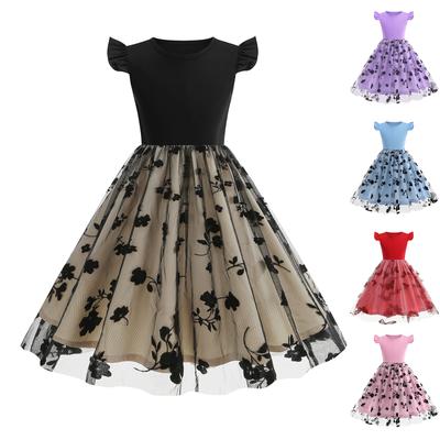 Summer Children's Waist Splicing Mesh Short Sleeve Round Neck Vintage Girls Long Skirt Swing Dress