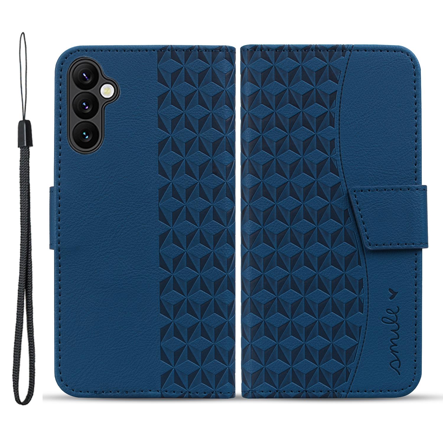 

For Samsung Galaxy A55 5G Case Imprinted Rhombus Phone Wallet Cover with Hand Strap Sapphire