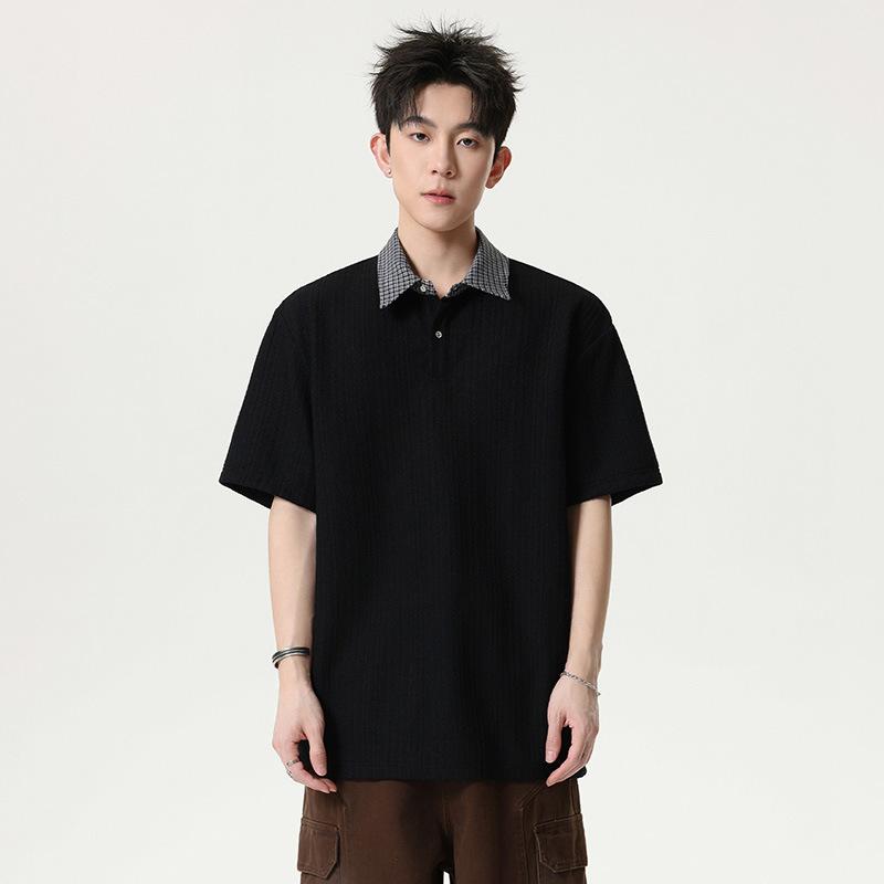 Men s White Textured Knit Checkered Collar Polo Short Sleeve Shirt M чёрный