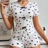 European and American Pajamas Women's Imitation Cotton Love Printing Lapel Collar Short-sleeved Shorts Bow Women's Loungewear