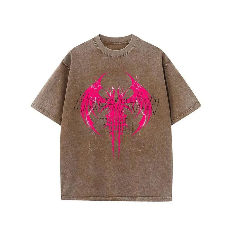 European sizes Washed Men's T-Shirt, Graphic Printed Tee with Vibrant Green Stylized Pattern, Casual Crew Neck Short Sleeve, Streetwear