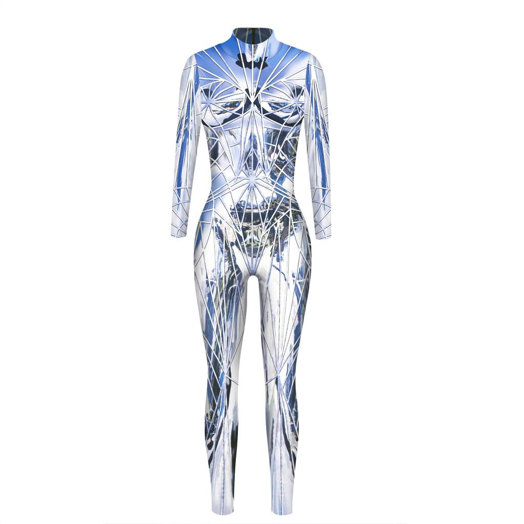 Goth Skull Cosplay Jumpsuit With Digital Print For Adults Halloween Costume Mirror,L
