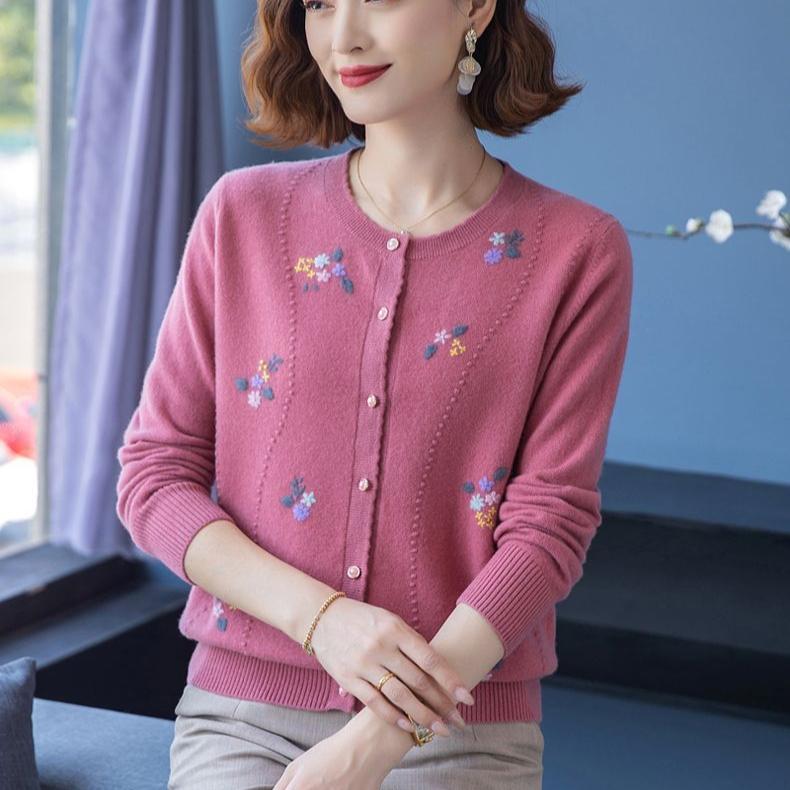 Autumn Winter Women's Wool Cardigan Round Neck Embroidered Knitted Jacket Cardigan Top