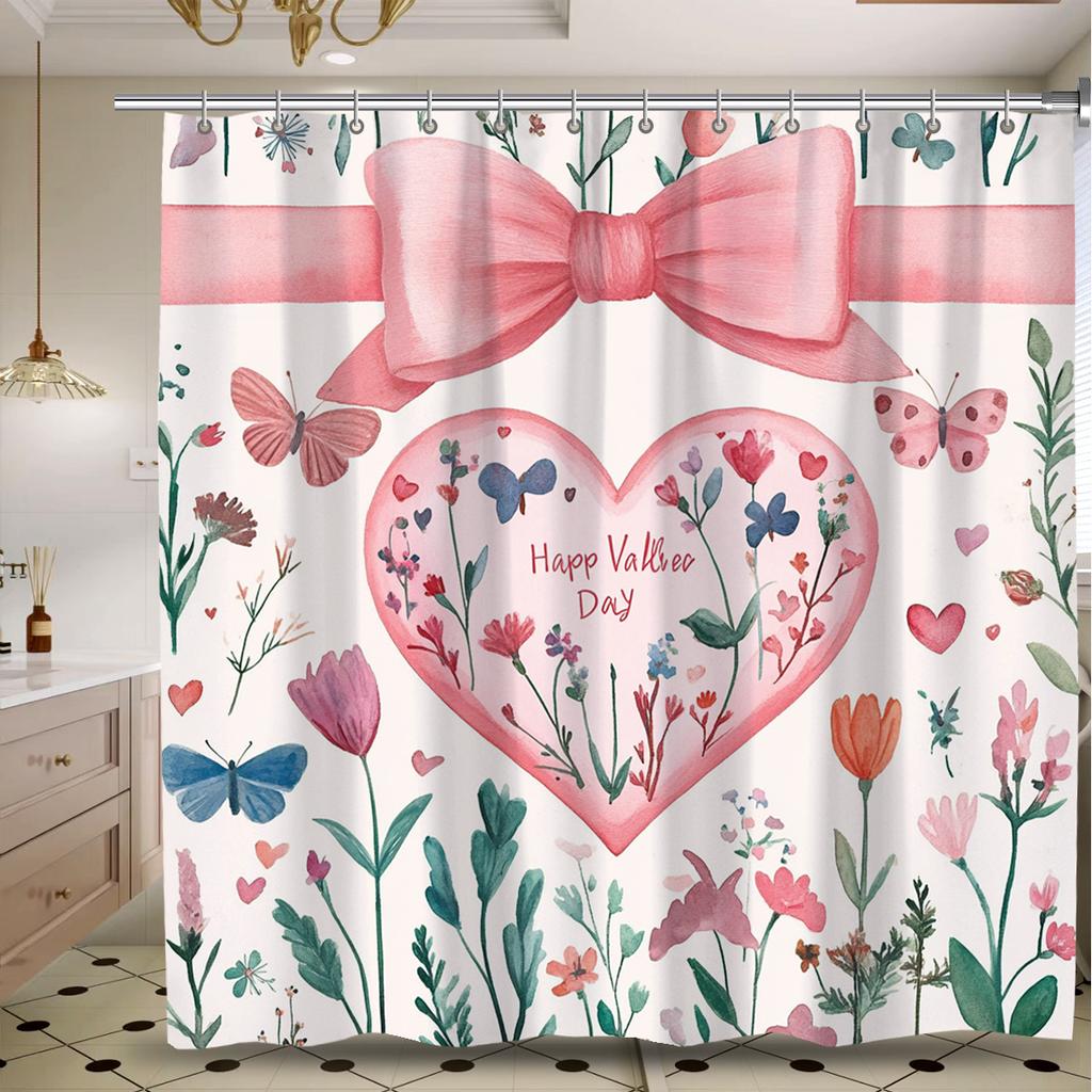 1 Valentine's Day Shower Curtain - Polyester Bathroom Decor with Floral Heart and Butterfly Pattern, Perfect for All Seasons