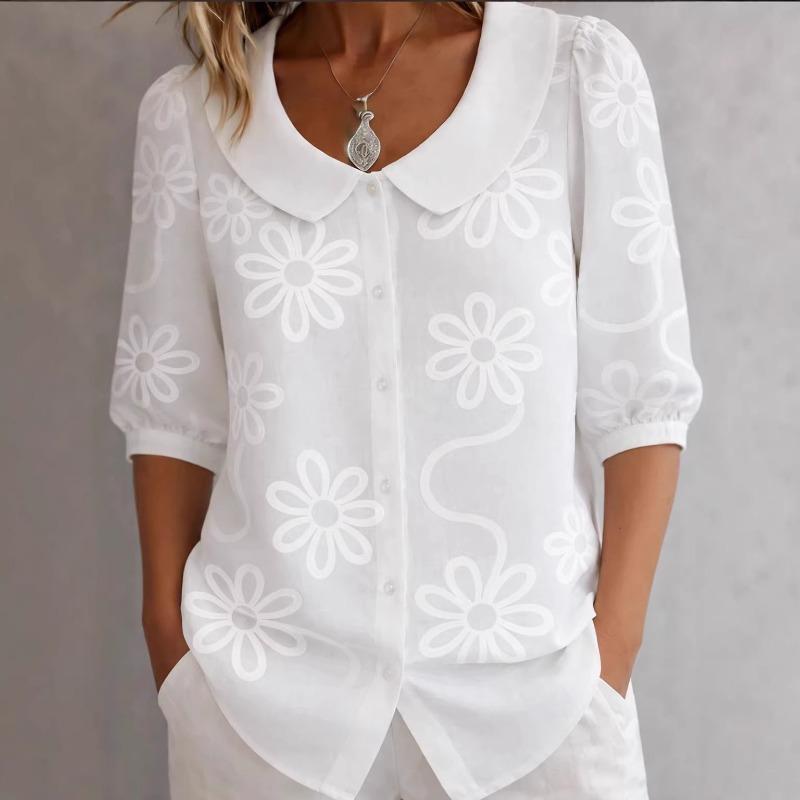 Women peter pan collar daisy print puff 3/4 sleeve full button loose casual shirt S белый