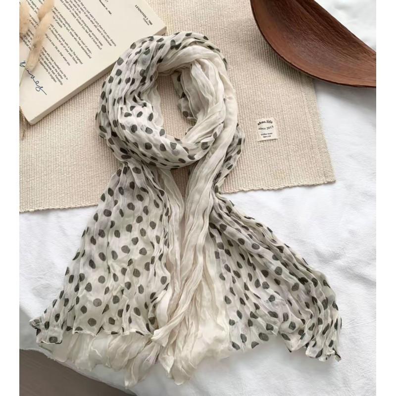 Korean Vintage Military Green Polka Dot Crinkled Scarf Women Lightweight Cotton Linen Shawl Accessory