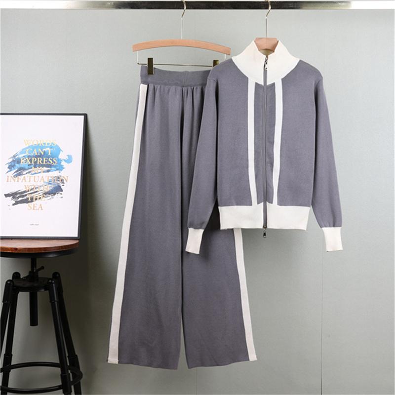Autumn Women'S Fashion Zipper Jacket Knitted Suit Temperament Color Blocked Wide Leg Pants Two Piece Set