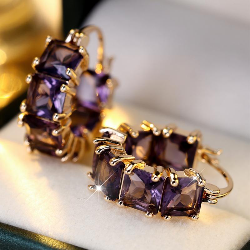 1 Pair White Blue Purple Green Zircon Block Geometric Hoop Earrings for Women Girls Korean Fashion Jewelry Party Ear Accessories