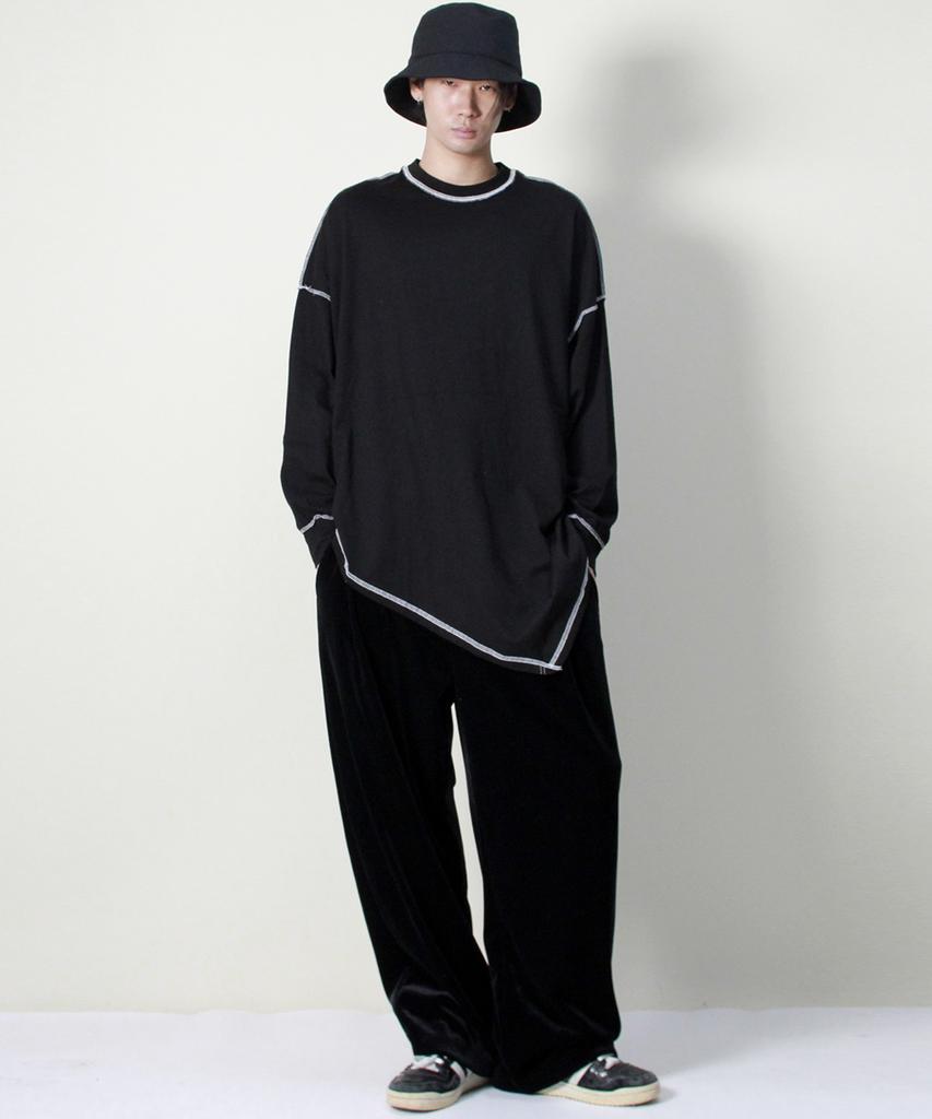 Deumakeu Velvet Laminated Single-Pleat Real Wide Pants Black
