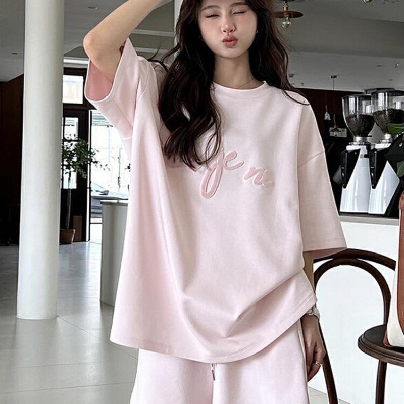 Pyjamas Set for Women's Simple Letter Sports Short-Sleeved Shorts Student Homewear Two-Piece Set of Solid Sleepwear Loungewear