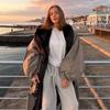 Elegant Color Block Fur Collar Trench Coat - European & American Style for Autumn/Winter 2025