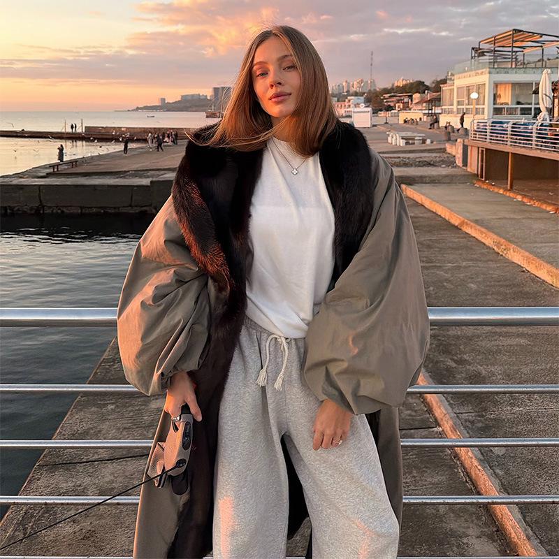 

Elegant Color Block Fur Collar Trench Coat - European & American Style for Autumn/Winter 2025 Small