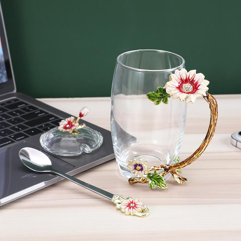 Creative Enamel Water Cup Spoon Set Home Luxury Glass Cup with Spoon with Lid Tea Cup Gift Box