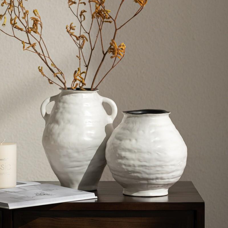 Ceramic Vase White Coarse Earthenware Pot Flower Vase Retro Pot Handmade Ceramic Jar Flower Arrangement Accessories