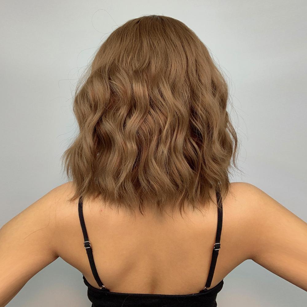 Short Wavy Honey Brown Copper Synthetic Wigs with Bangs Cosplay Bob Wig for Women Afro Daily Natural Heat Resistant Hair