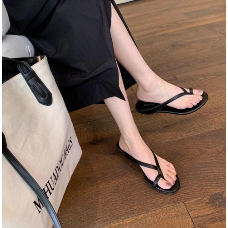 Sheepskin version temperament set toe slippers women's summer wear minimalist thin strap round head thick heel cool slippers