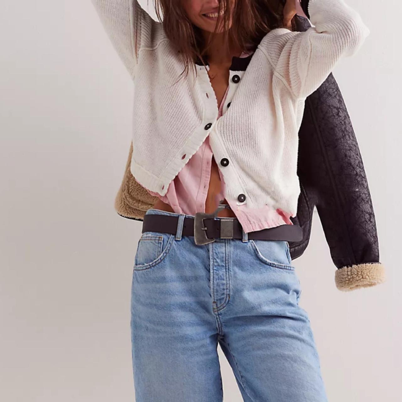 

QICED Осенне-зимний женский кардиган контрастного цвета с круглым вырезом, трикотажное пальто с одним рядом пуговиц XL белый