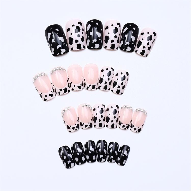 24pcs Medium Length French Leopard Acrylic Nail Art With Rhinestones Full Cover False Nail For Parties And Social Event