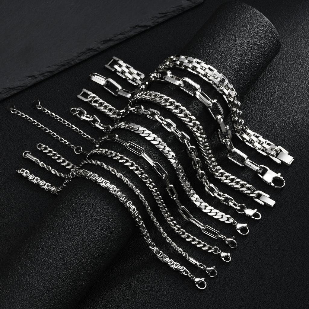 Punk Silver Color Men's Chain Bracelets,Hiphop Stainless Steel Braided Link Wristband,Classic Metal Jewelry Gift for Him Dad