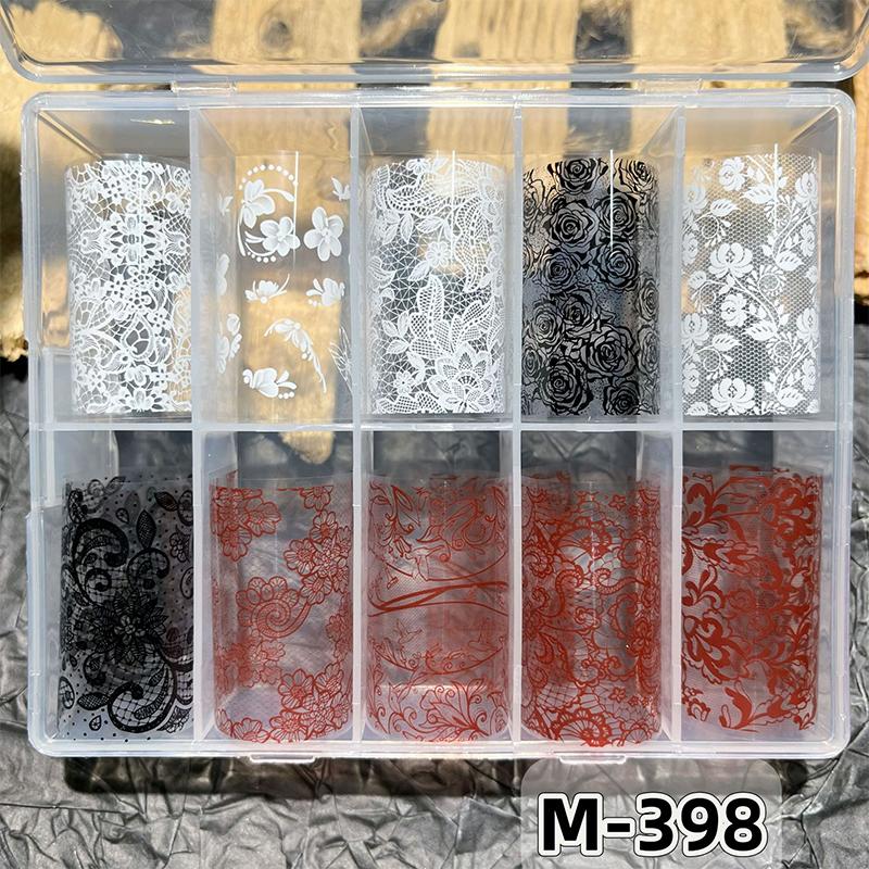 10 Rolls Nail Transfer Foils Sticker Black White Red Lace Flowers Nail Art Nail Charms Diy Nail Decoration Manicure Accessories