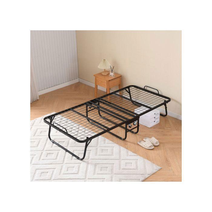 Lit pliant - MUVOE - 90x190 cm - Matelas mousse à mémoire de forme 10 cm - 4 roulettes - Noir