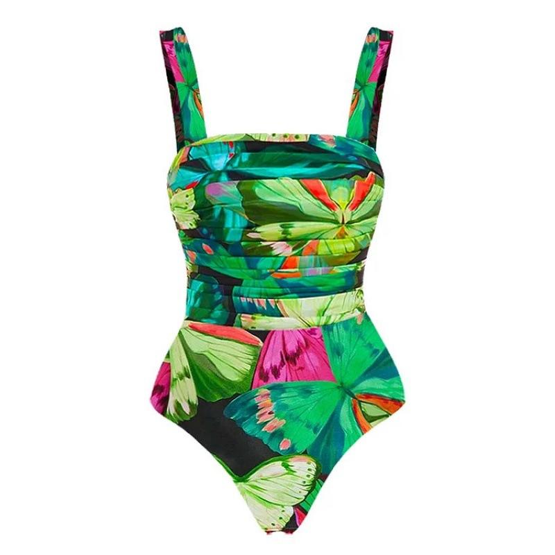 European and American swimsuit butterfly print tight and thin one-piece swimsuit quick-drying suit for women S