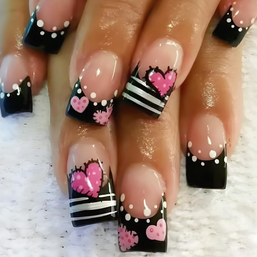 24Pcs Nude Short Square Press On Nails White Heart Print Valentine Full Cover False Nail Tips