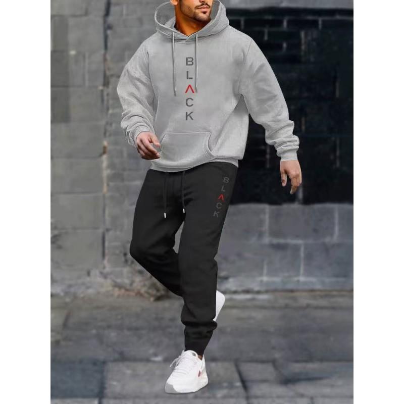 Mens Hooded Fleece Sweatshirt Set Black Letter Print Casual Sportswear Tracksuit