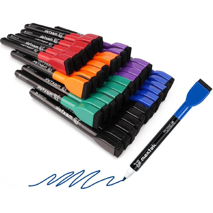 maxtek Magnetic Whiteboard Markers - 12 Count Colorful Fine Tip Dry Erase Markers with Eraser for Kids, Low Odor Thin Markers for Calendar Boards