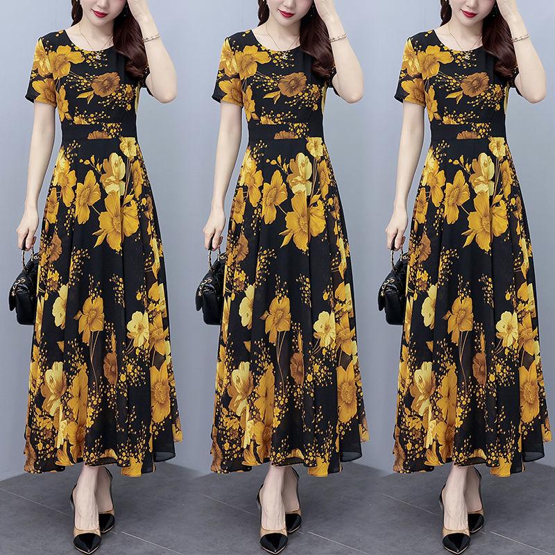 Elegant Fashion Harajuku Slim Fit Female Clothes Casual All Match A-line Skirt Patchwork Printed O Neck Short Sleeve Dresses
