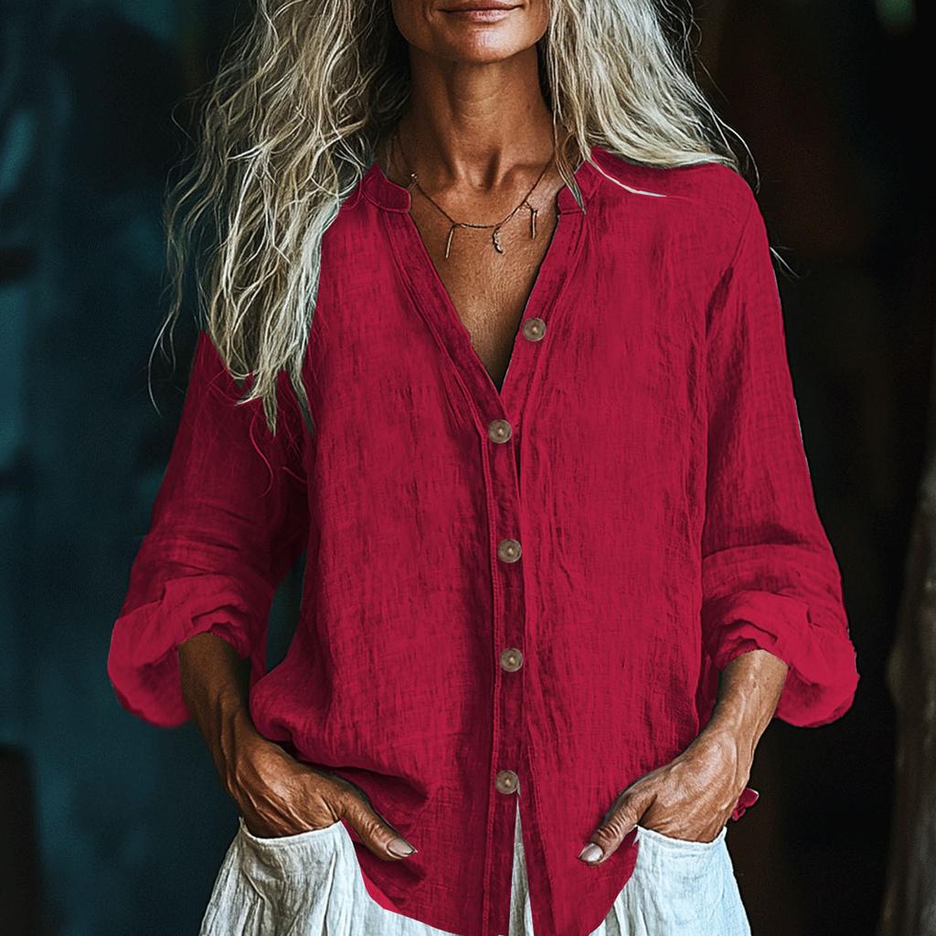 Women's Fashionable And Casual Solid-color Long-sleeved Cotton And Linen Shirt Top