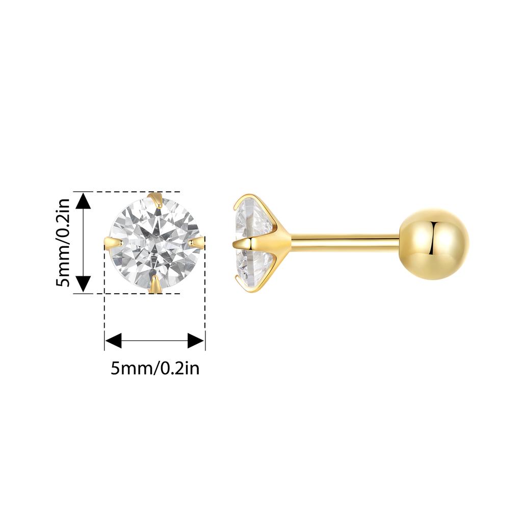 WOSTU 925 Sterling Silver Gold Round AAA Zircon Stud Earrings For Women Wedding Studs Euro Simple Party Pendientes 3MM 5MM 7MM