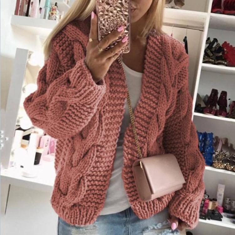 2026 Autumn/Winter Bestseller: Women's Cable Knit Hat Cardigan, European & American Style Chunky Sweater, Solid Color