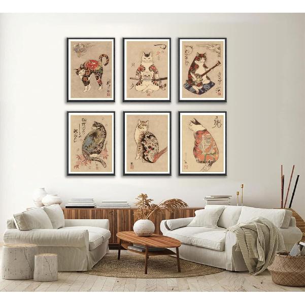 6Pcs Japanese Samurai Cat Wall Art Prints of Posters Japan Bushido Decor Kung Fu Paintings Tattoo Funny Fantasy Photo Picture Canvas Poster Painting