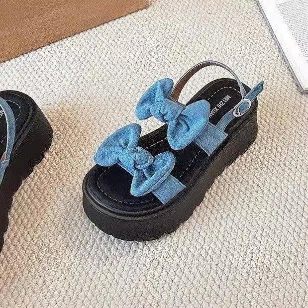 2025 new platform versatile skirt denim sandals women's new bow in summer 2025