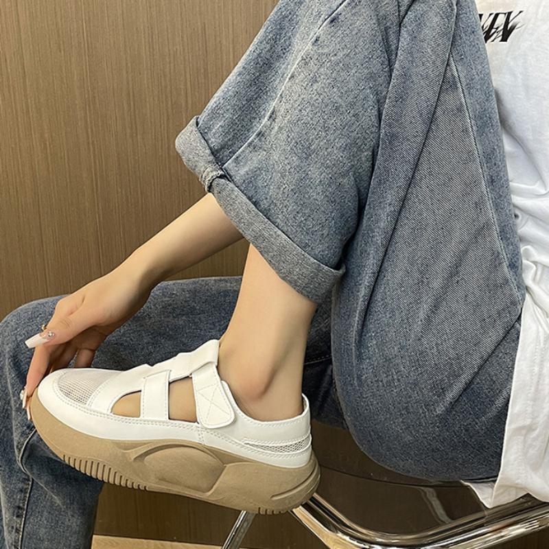 Hollow Out Summer Women's Shoes Middle Heel Waterproof Platform Sandals White Leather Thick Heels Soft Soles Half Drag Indoor